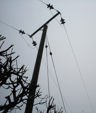 A bleak telegraph pole in the landscape.